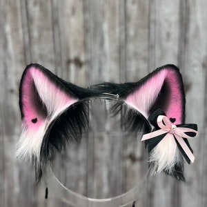 Kawaii Goth Black and Pink Cat Ear Headband Nekomimi Ears with bow E girl Fashion cosplay faux fur ears