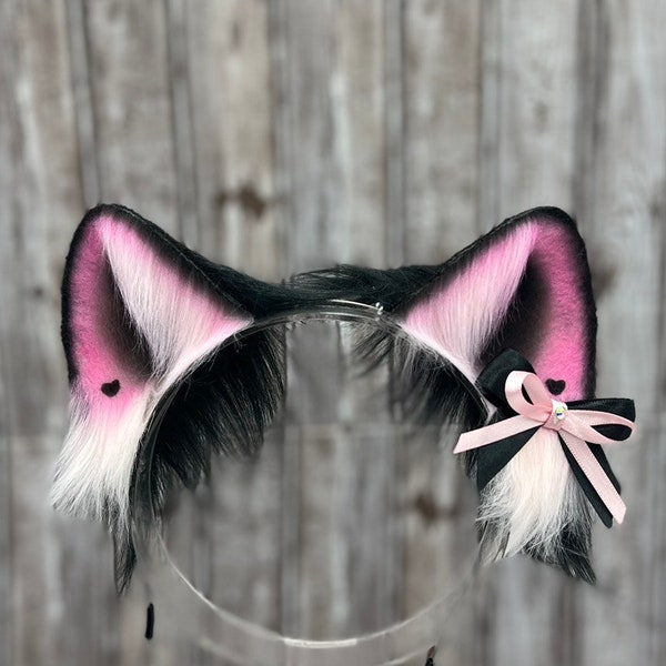 Kawaii Goth Black and Pink Cat Ear Headband E girl Fashion cosplay faux fur ears