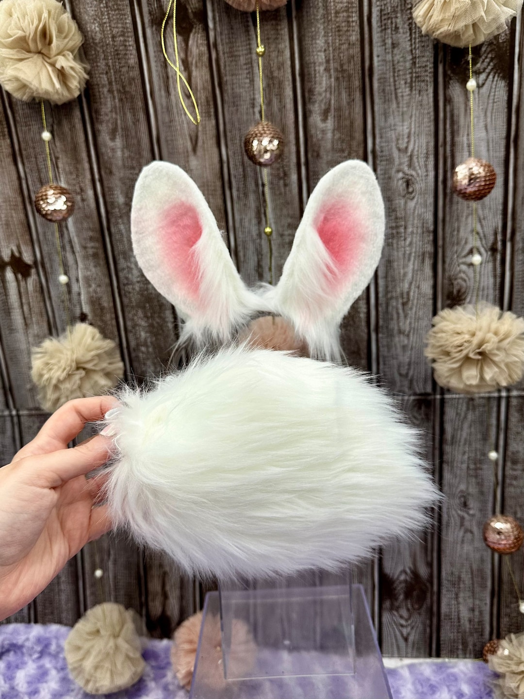 Small White Rabbit Ears With Bunny Tail Easter Bunny Ears Faux Fur ...
