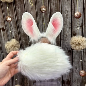 Small White Rabbit Ears with Bunny tail Easter bunny ears faux fur cosplay headband