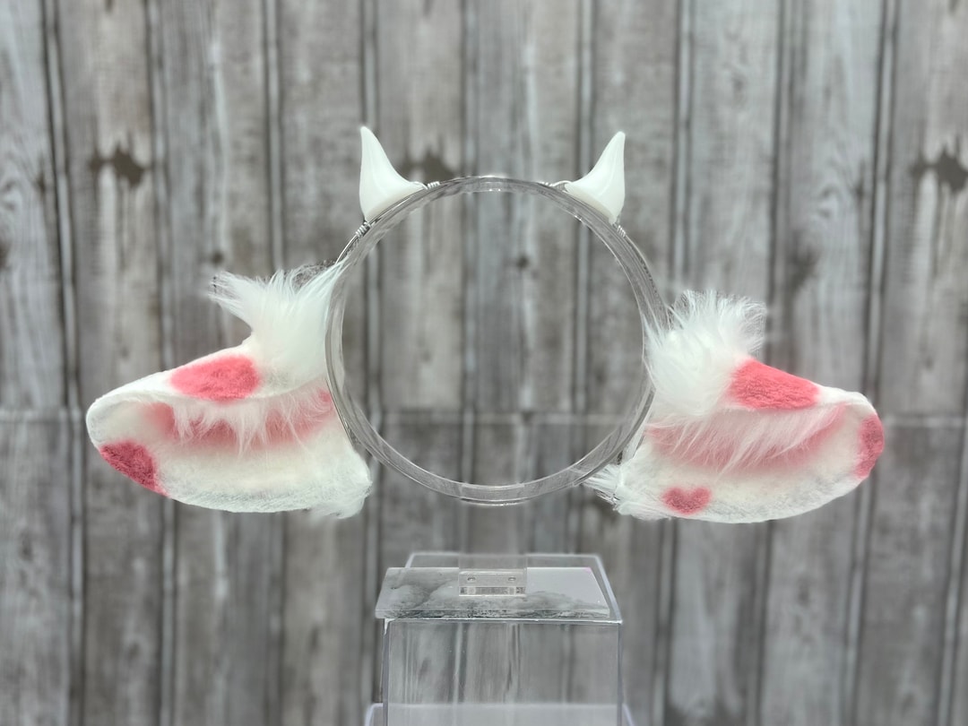 Strawberry Cow Ear Headband With Horns Realistic Cow Ears With Tail Pink Faux Fur Cow Ears ...