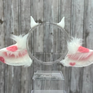 Strawberry Cow Ear Headband with Horns Realistic Cow ears with tail Pink Faux Fur Cow Ears Handmade Cow Cosplay Ears Pink Cow ears with tail