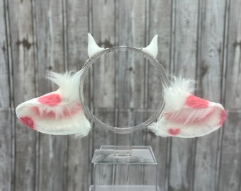 Strawberry Cow Ear Headband with Horns Realistic Cow ears with tail Pink Faux Fur Cow Ears Handmade Cow Cosplay Ears Pink Cow ears with tail