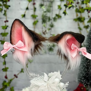 Realistic German Shepherd Puppy Ear Headband Pink and Brown Dog Ears Wolf Cosplay Ears Faux fur bendable dog ears with bows