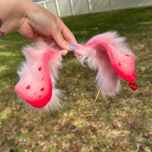 Valentine’s Day Puppy Ears and Tail set pink and red heart floppy puppy ears cute lovecore dog ears with tail cosplay set faux fur puppy ear