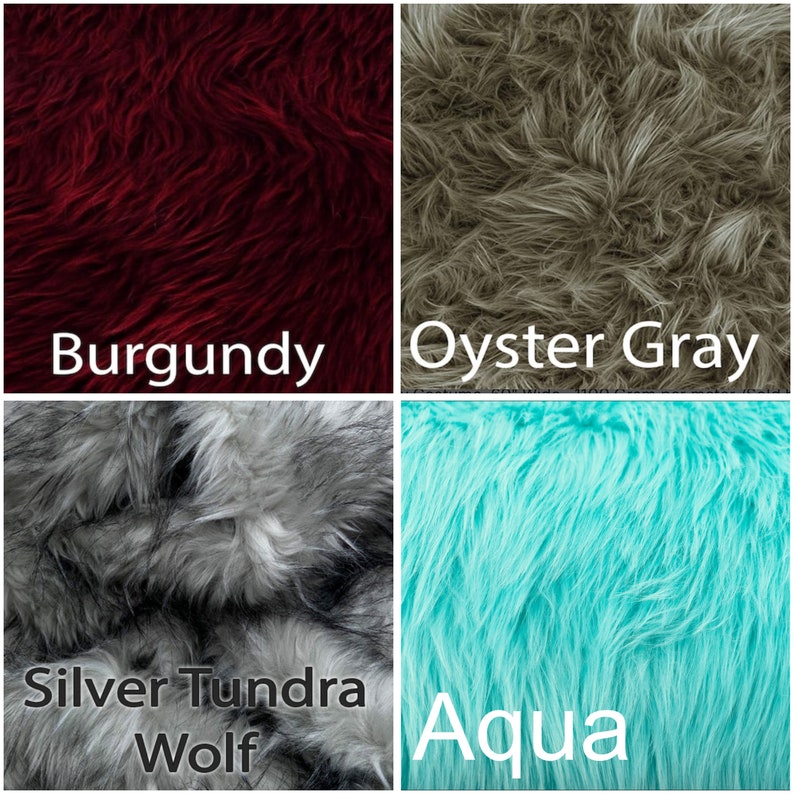 May include: Four fabric swatches in different colours and textures. The swatches are labelled "Burgundy", "Oyster Grey", "Silver Tundra Wolf", and "Aqua".