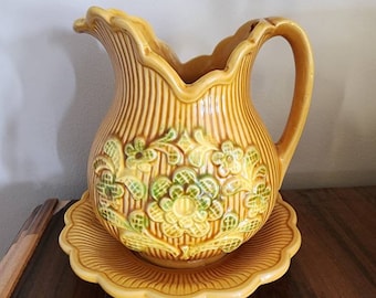 Vintage Federal Glass Juice Pitcher Carafe Set Yellow Floral