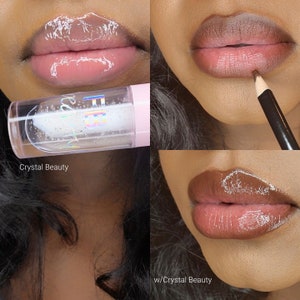 Lip Gloss Lip Liner #8 Bundle - Crystal Beauty Glossy Clear Lip gloss & Matte Brown Lip Liner Gift Bundle (cruelty free)