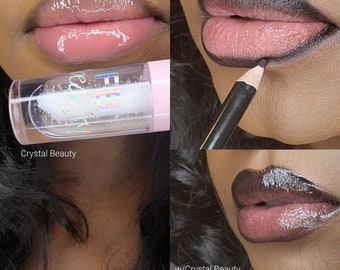 Lip Gloss Lip Liner #12 Bundle - Crystal Beauty Glossy Clear Lip gloss & Matte Black Lip Liner Gift Bundle (cruelty free)