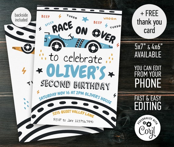 Editable Racing Car Birthday Invitation Growing Up Two Fast Invite