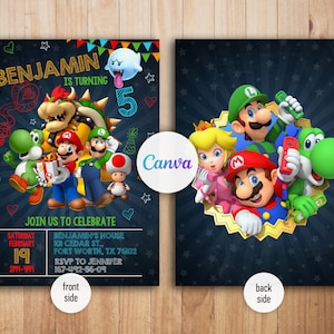 Pu&ograve; includere: Un invito di compleanno con personaggi della serie di videogiochi Super Mario. L'invito &egrave; per un bambino di nome Benjamin che compie cinque anni. L'invito include uno sfondo di lavagna con disegni colorati di stelle, cuori e cappelli da festa. Il testo sull'invito recita "Benjamin compie 5 anni" e "Unisciti a noi per festeggiare". L'invito include anche la data, l'ora e il luogo della festa.