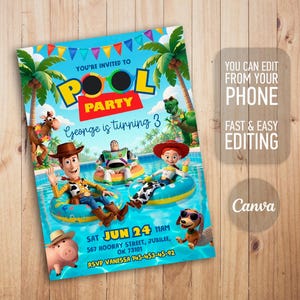 May include: A rectangular pool party invitation featuring Toy Story characters in a swimming pool. Text includes YOU'RE INVITED TO POOL PARTY, George is turning 3, SAT JUN 24 11AM, 567 HOORAY STREET, JUBILEE, OK 73101, and RSVP VANESSA 145-453-45-92.