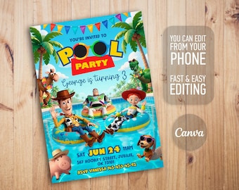Toy Story Pool Party Invitation, You're Invited to a Pool Party Invite, Sunglasses Letters Palm Swim Ring Template