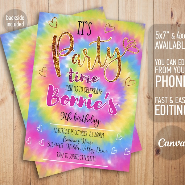 Tie Die Party Invitation | Instant Download | Rainbow Tie Dye Birthday Invitations | Editable Tie Dye Invitation girl | Printable Tie-Dye