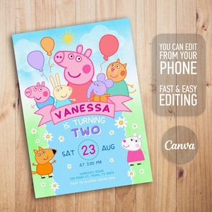 May include: A rectangular birthday invitation card featuring Peppa Pig characters, balloons, and a sun against a blue and green background. The text reads: VANESSA IS TURNING TWO, SAT 23 AUG AT 2:00 PM, VANESSA'S HOUSE, 234 ROSES ST, TEXAS, TX 95873, RSVP TO ELEANOR 123 456 7890.
