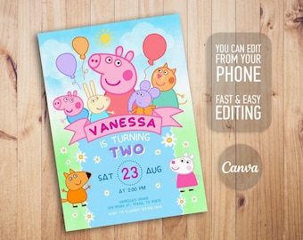 Peppa Pig birthday invitation template, editable printable invite, digital girls kids birthday invite