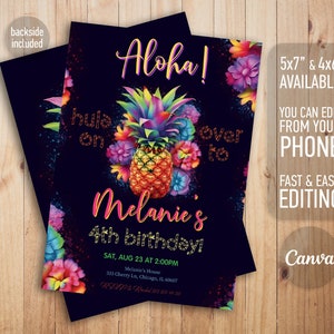 Aloha party invitation, Pineapple party birthday, hawaii editable girl invite template, pineapple invitation, tropical hawaii party