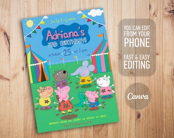 Peppa Pig birthday invitation template, editable printable invite, digital girls kids birthday invite