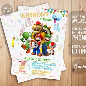 Mario invitation, Printable birthday invite, editable invitation, girl birthday, mario bros party, video game invitation, super template