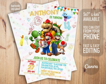 Mario invitation, Printable birthday invite, editable invitation, girl birthday, mario bros party, video game invitation, super template