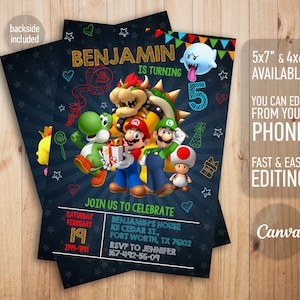Invito di Mario, invito di compleanno stampabile, invito modificabile, compleanno di una ragazza, festa di Mario Bros, invito per videogiochi, super modello
