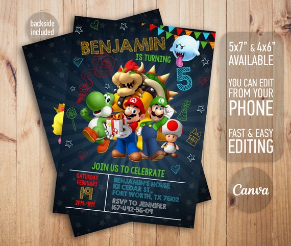Mario invitation, Printable birthday invite, editable invitation, girl birthday, mario bros party, video game invitation, super template
