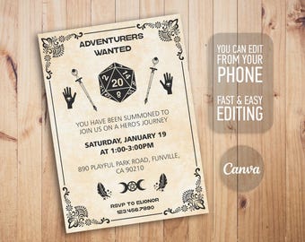 Dungeons and Dragons Birthday Invitation, Youre Summoned Epic Game Night Invite, D20 Dice Fantasy RPG Party Editable Template