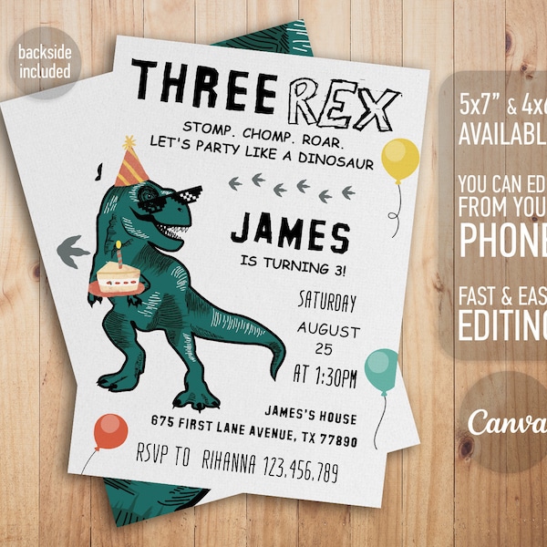 Dinosaur birthday invitation, third dino birthday, printable editable boy invite template, t-rex invitation, tree-rex party, 3rd birthday
