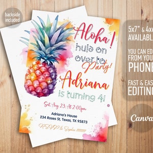 Aloha party invitation, Pineapple party birthday, hawaii editable girl invite template, pineapple invitation, tropical hawaii party