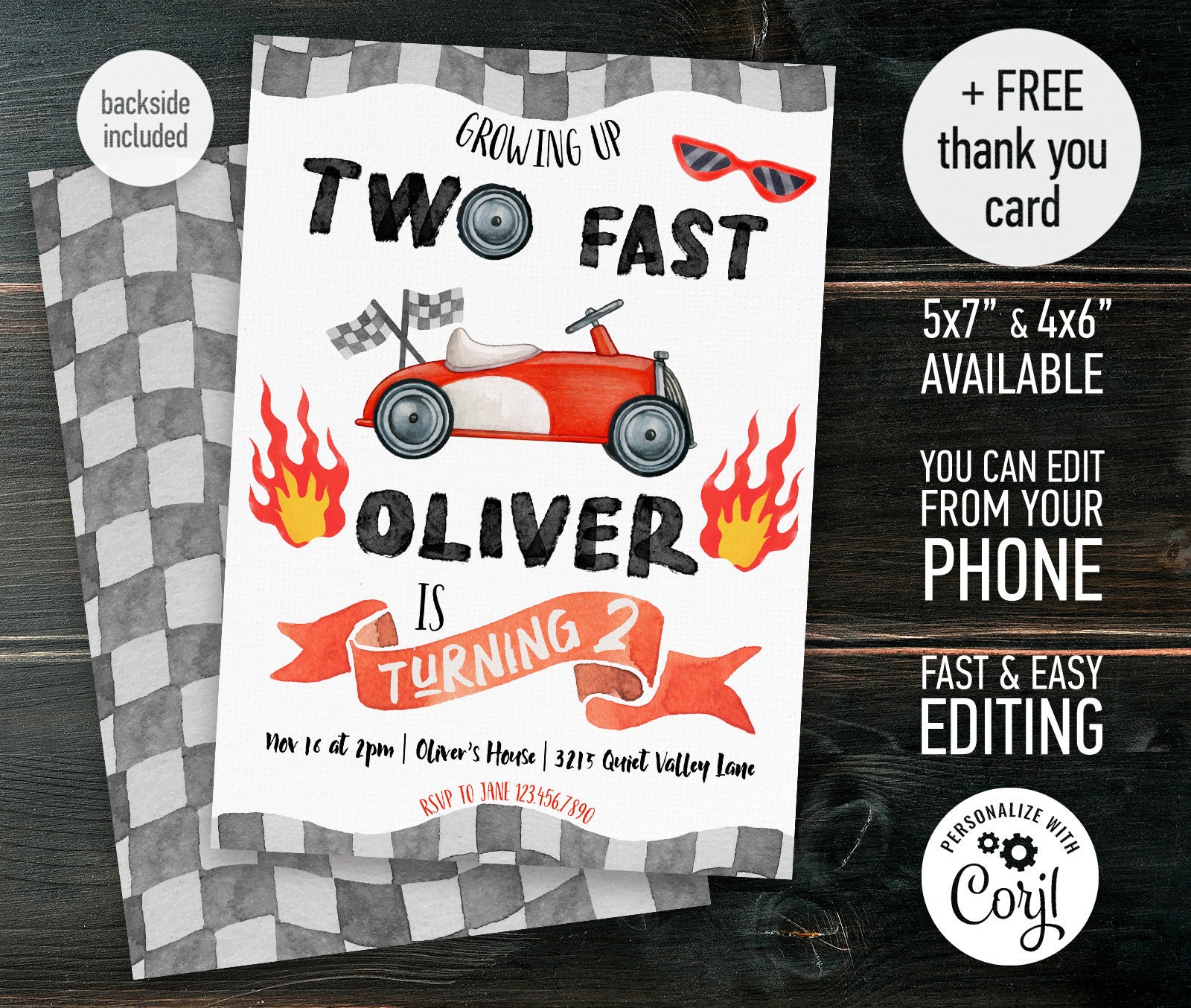 Editable Growing up Two Fast Birthday Invitation Race Car Two 