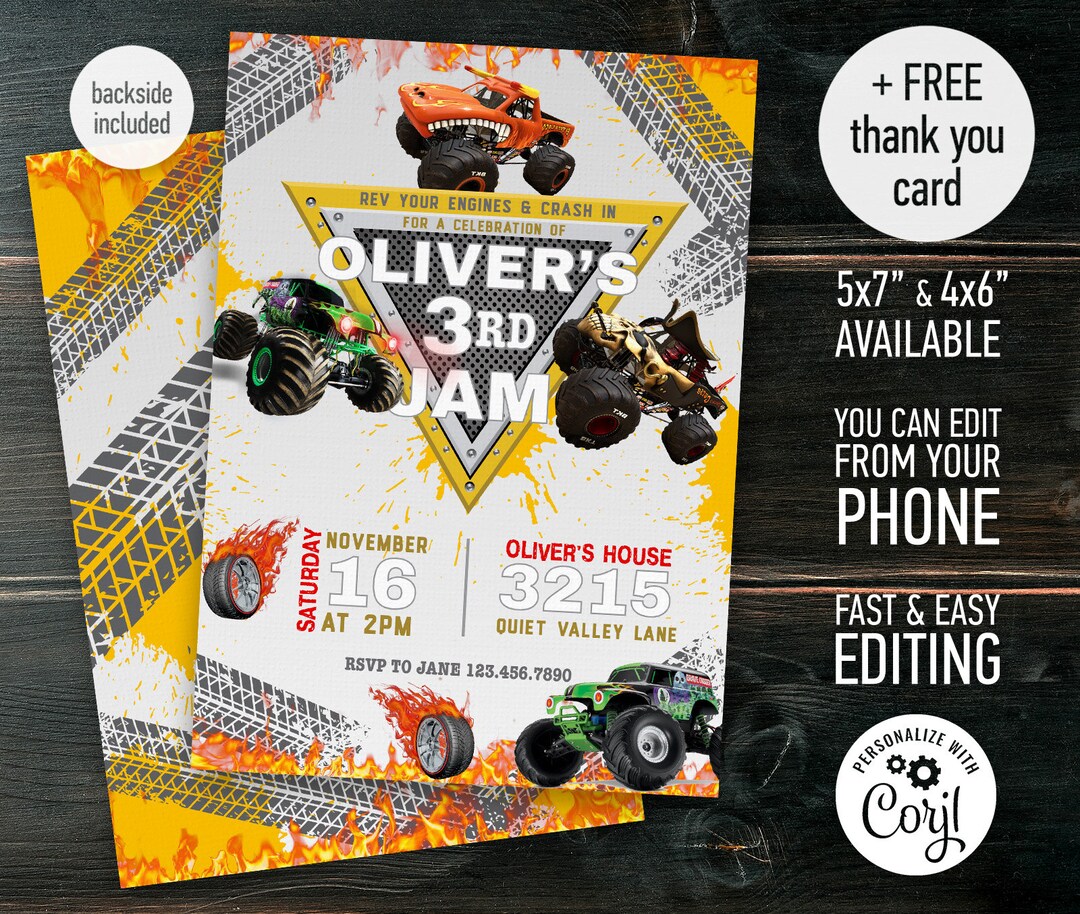 Monster Truck Birthday Invitation Printable Monster Trucks - Etsy