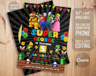 May include: A black and green birthday invitation featuring characters from the Super Mario video game series. The invitation says "Super George is turning 5" and includes the date, time, and location of the party. The invitation is available in 5x7" and 4x6" sizes and can be edited from your phone.