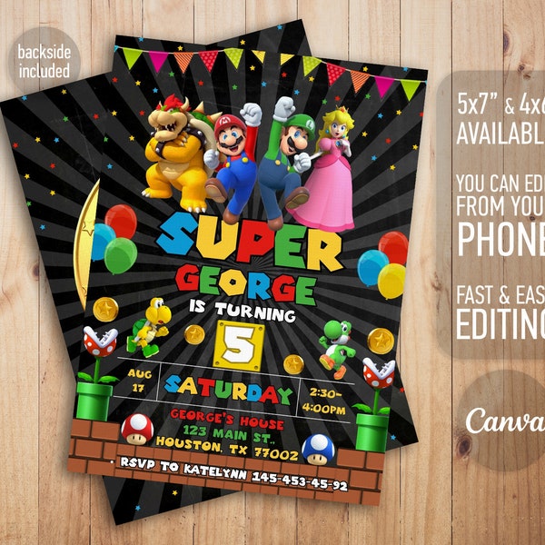 Mario invitation, Printable birthday invite, editable invitation, girl birthday, mario bros party, video game invitation, super template