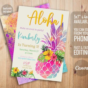 Aloha party invitation, Pineapple party birthday, hawaii editable girl invite template, pineapple invitation, tropical hawaii party