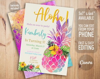 Aloha party invitation, Pineapple party birthday, hawaii editable girl invite template, pineapple invitation, tropical hawaii party