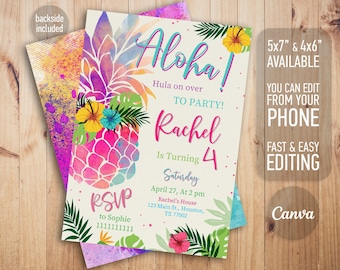 May include: A colorful invitation for a 4th birthday party with a pineapple design and the text "Aloha! Hula on over to party! Rachel is turning 4 Saturday April 27, At 2 pm Rachel's House 123 Main St., Houston, TX 77002 RSVP to Sophie 1111111111".