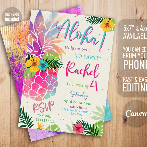 Invitation à une fête Aloha, anniversaire à une fête d’ananas, modèle d’invitation de fille modifiable à Hawaï, invitation à un ananas, fête tropicale à Hawaï