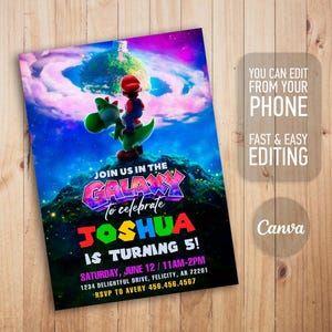 May include: A rectangular birthday invitation card featuring a colorful space scene with Mario and Yoshi. The text reads: JOIN US IN THE GALAXY TO celebrate JOSHUA IS TURNING 5! SATURDAY, JUNE 12 / 11AM-2PM 1234 DELIGHTFUL DRIVE, FELICITY, AR 72201 RSVP TO AVERY 456.456.4567.