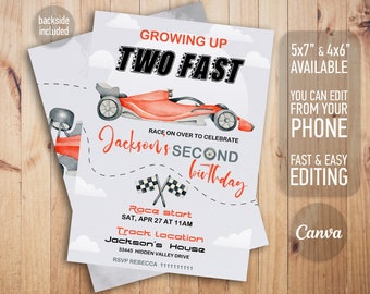 May include: A birthday invitation for a second birthday party with a racing car theme. The invitation is grey with a red race car, chequered flags, and the text "Growing Up Two Fast" and "Jackson's Second Birthday".