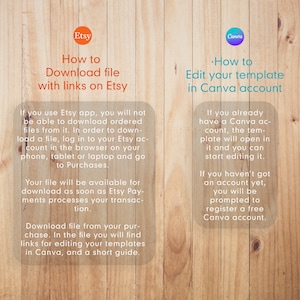 Pu&ograve; includere: Una grafica con istruzioni su come scaricare un file con link su Etsy e su come modificare un modello in un account Canva. La grafica ha uno sfondo in legno con due caselle bianche, una con il logo Etsy e l'altra con il logo Canva.