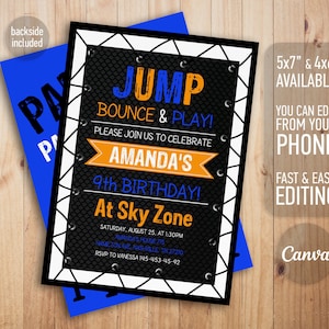 Invitación de salto editable, invitación de cumpleaños de trampolín, cumpleaños de niña, invitación electrónica, plantilla de invitación de teléfono de salto, fiesta de juego