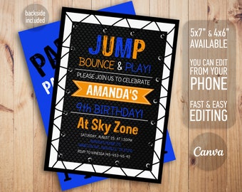 Invitation de saut modifiable, invitation d’anniversaire de trampoline, anniversaire de fille de garçon, invitation électronique, modèle d’invitation de téléphone de saut, fête de jeu