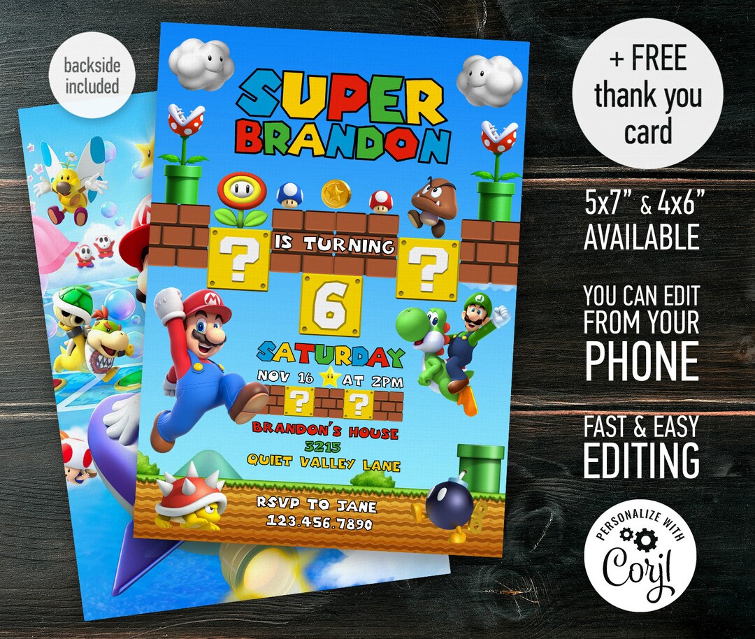 Printable Birthday Invitation, Mario Invite, Super Mario Invitation, Mario Brothers Instant ...