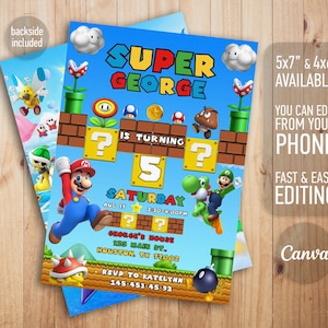 Mario invitation, Printable birthday invite, editable invitation, girl birthday, mario bros party, video game invitation, super template