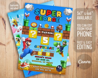 Mario invitation, Printable birthday invite, editable invitation, girl birthday, mario bros party, video game invitation, super template