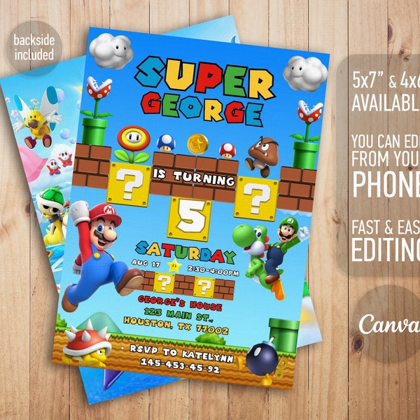 Mario invitation, Printable birthday invite, editable invitation, girl birthday, mario bros party, video game invitation, super template