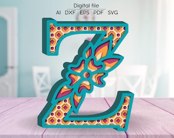 Layered letter Z SVG, Floral Alphabet DXF, Letters 3D, Paper/Laser cut digital download SVG template, 4 layers