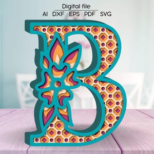 Layered letter B SVG, Floral Alphabet DXF, Letters 3D, Paper/Laser cut digital download SVG template, 4 layers