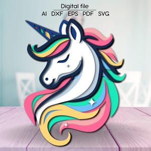 Download digitale Unicorno multistrato, SVG, DXF, AI, arredamento della camera 3D, file tagliato al laser, per Glowforge, xTool, cnc, colorazione in legno