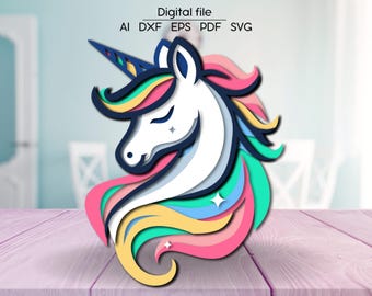 Multilayered Unicorn digital download, SVG, DXF, AI, 3D room decor, Laser cut file, for Glowforge, xTool, cnc, wooden coloring